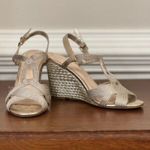 Lauren Blakwell Marla metallic wedge heel sandals.